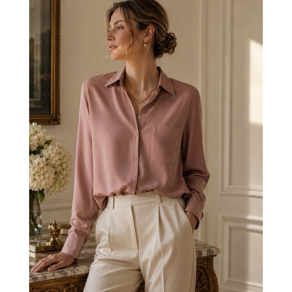 Moda Intl 100% Silk Crepe Blouse XL Dusty Rose Button Front Long Sleeve